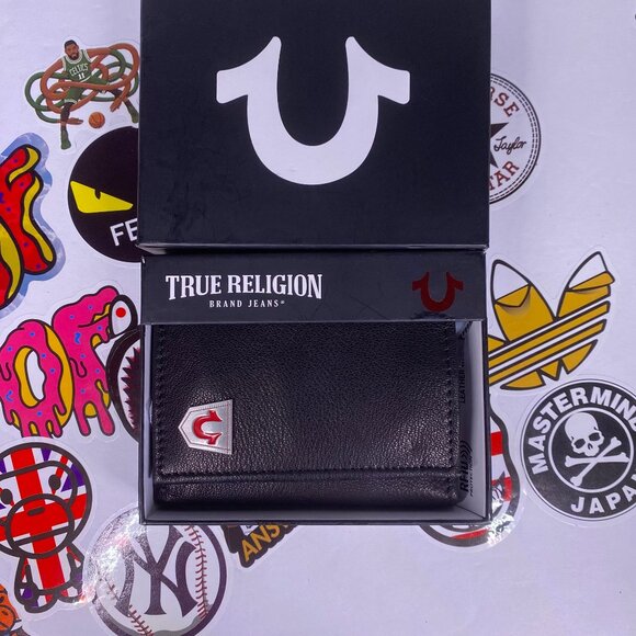 True Religion Men's Black Leather Tri-Fold Wallet NWT RFID Protection - Picture 1 of 16